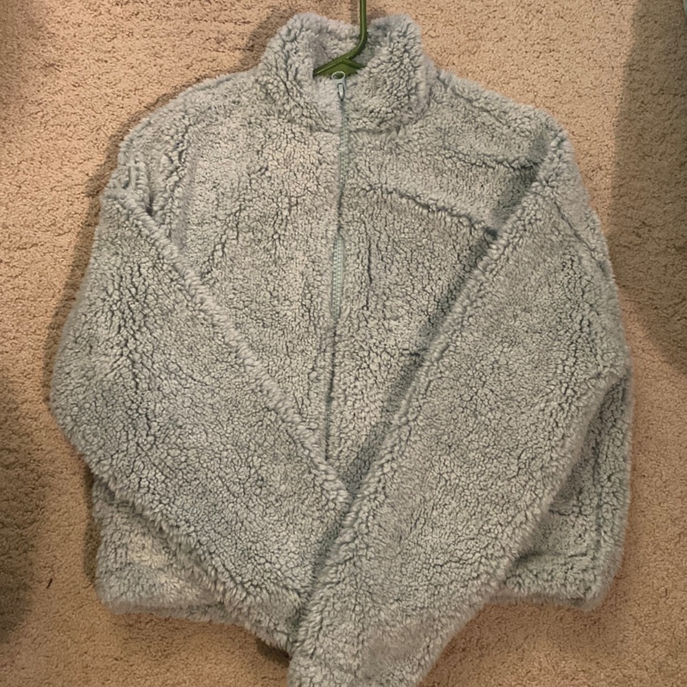 Ice blue fuzzy zip up jacket